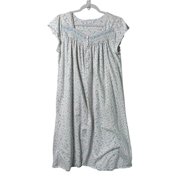 Eileen West Nightgown Size L White Floral Lace Trim Cotton Cap Sleeve Cottage - Picture 1 of 13